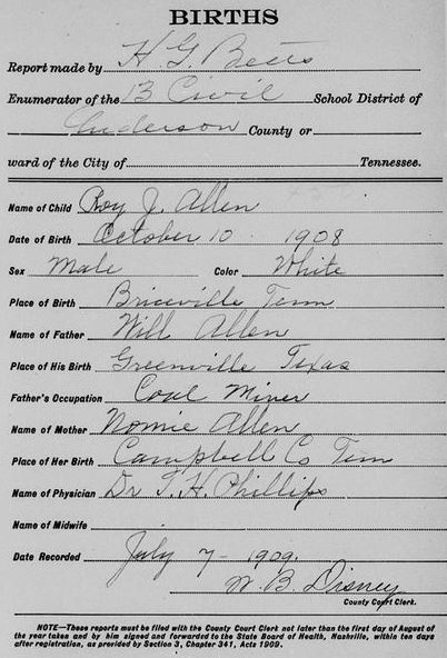 Tennessee 1908 birth record